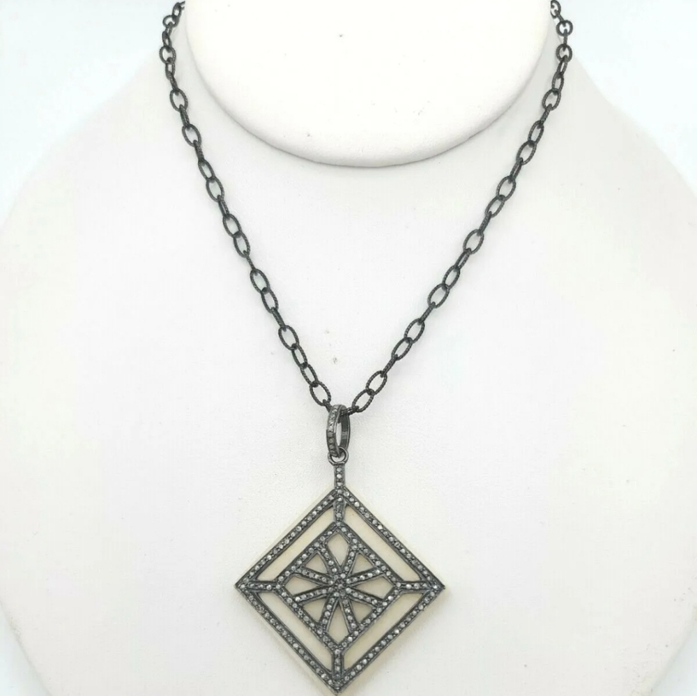 Signed Sterling Silver Genuine Diamond Marcasite Bone Triangle Necklace